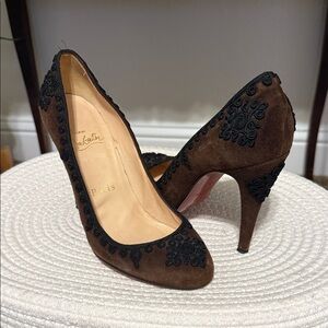 Christian Louboutin Brown Suede Pumps with Black Appliqué